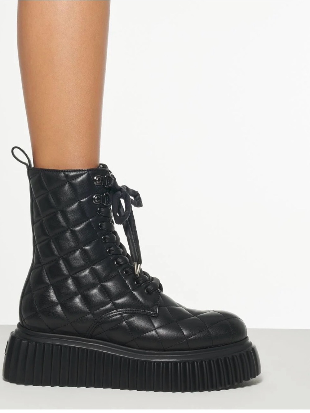 Agl Black Quilted Lace-Up Platform Combat Boots made in Italy